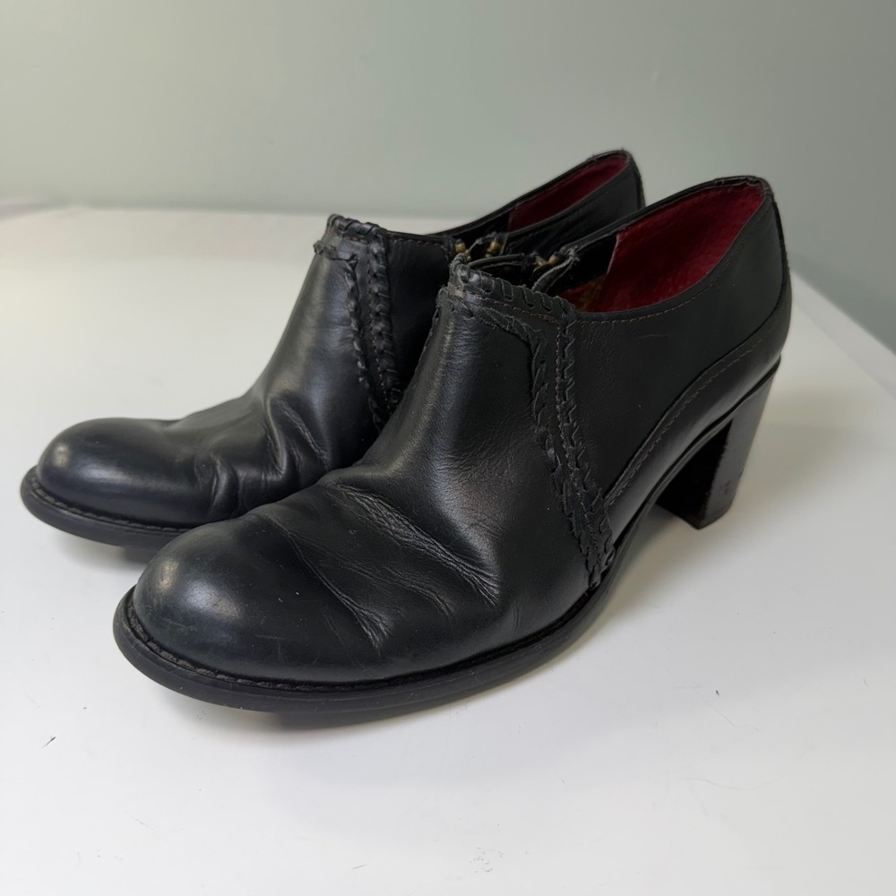 Liz Claiborne Flex Black Leather Block Heel Ankle Booties Braided Detail 8.5M